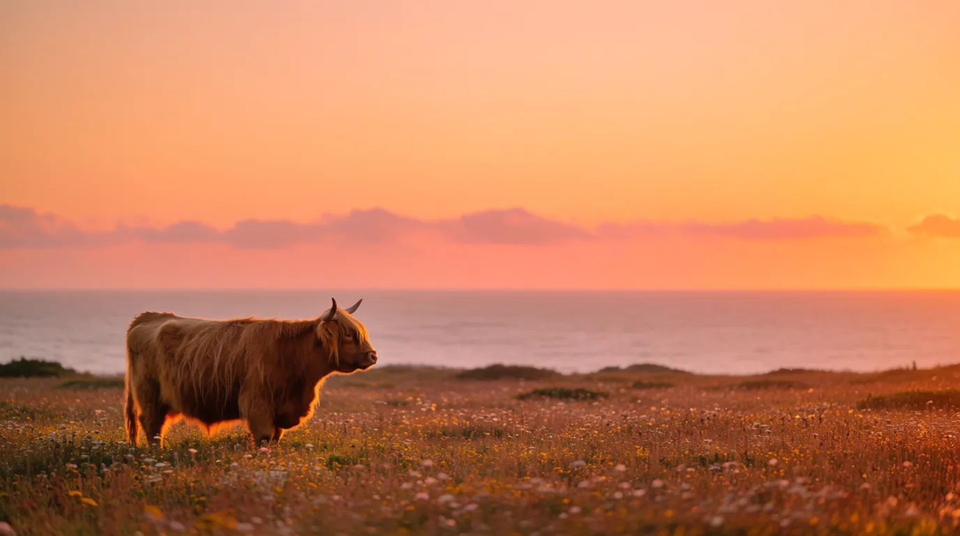 Highland cow at golden hour