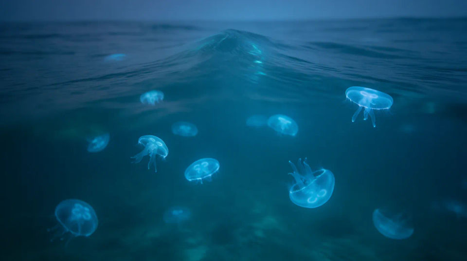 Biolumineszenter Schwarm bei Nacht