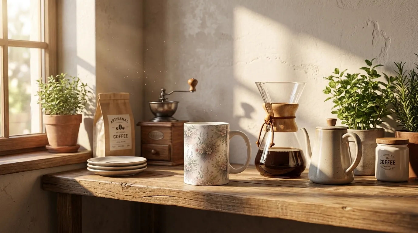 Mug on a shelf scene