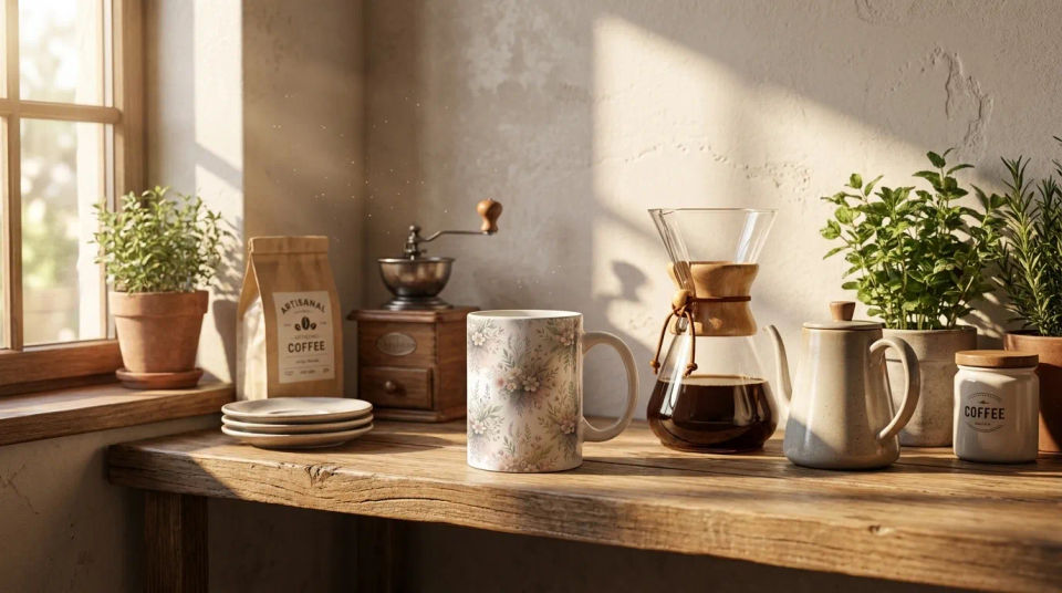 Mug on a shelf scene