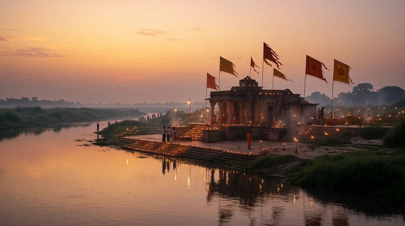 Riverside temple at dusk