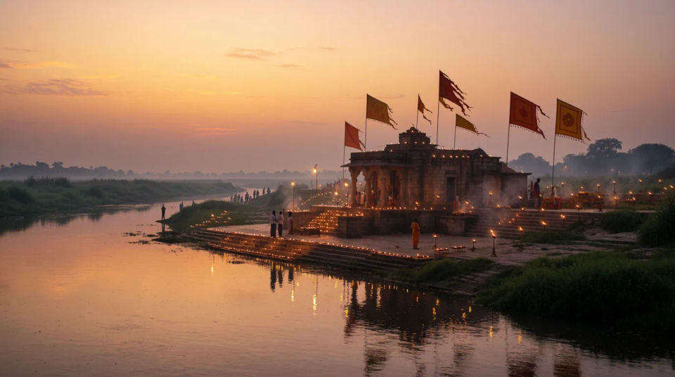 Riverside temple at dusk