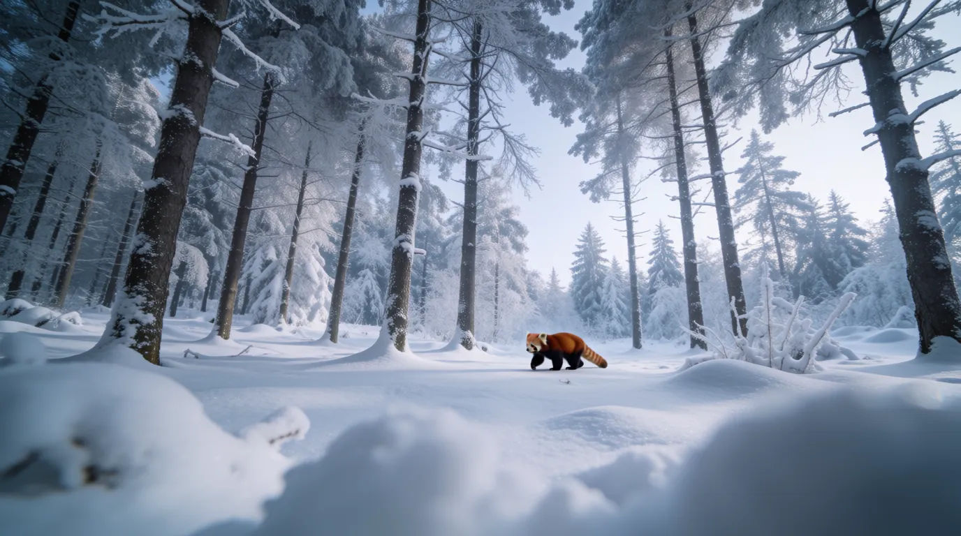 Red panda in the snow forest