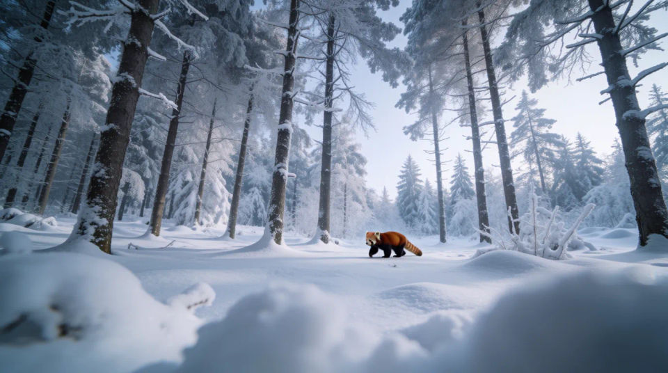 Panda rojo en el bosque nevado