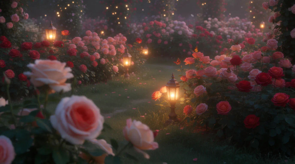 Rose garden at dusk