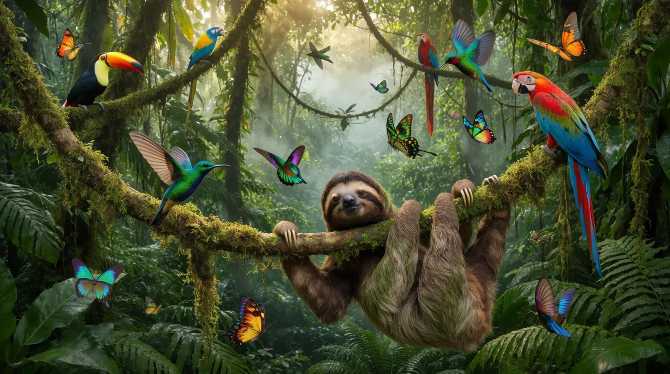 Sloth and rainforest wildlife