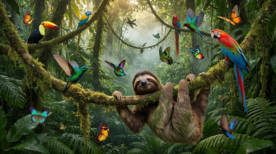 Perezoso y fauna de la selva