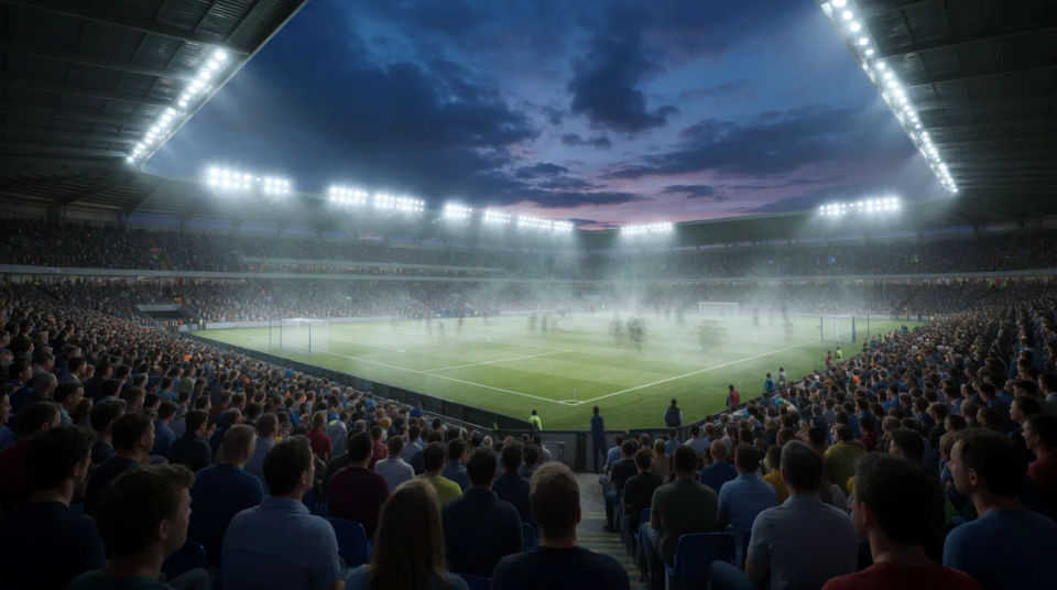 Estadio abarrotado al atardecer