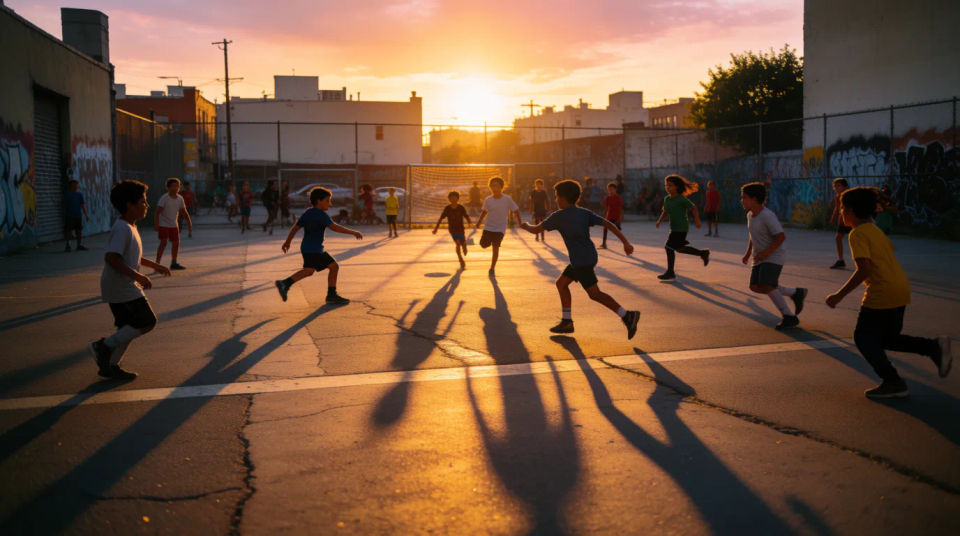 Fútbol callejero al atardecer