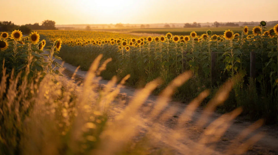 Camino rural de girasoles
