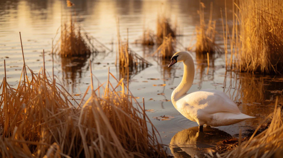 Cisne entre juncos dorados