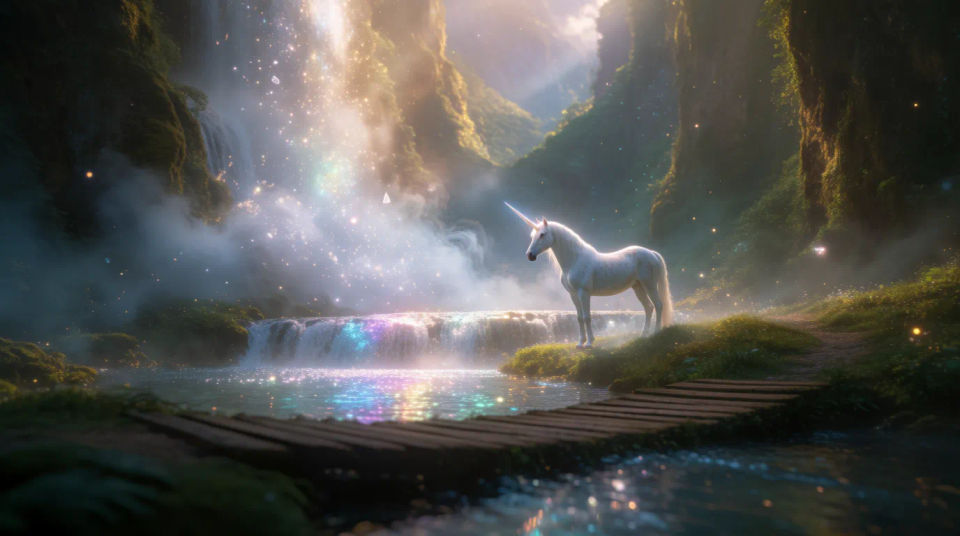 Unicornio junto a una cascada