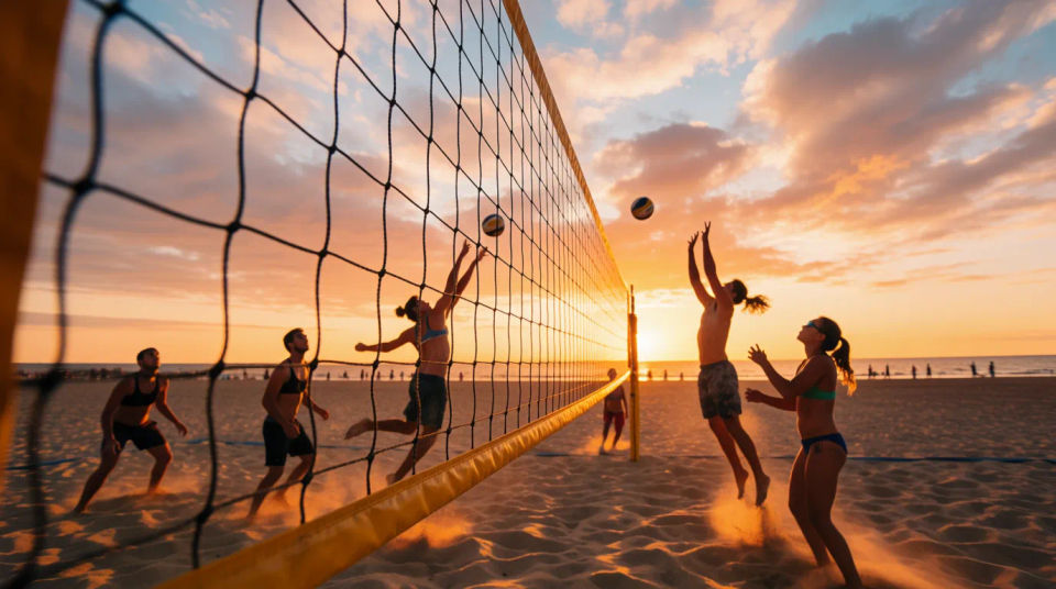 Partido en la playa al atardecer