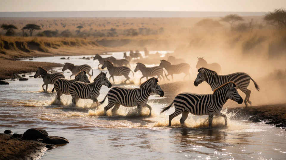 Cebras cruzando el río