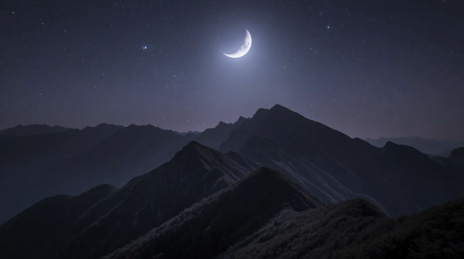 Crescent over mountains