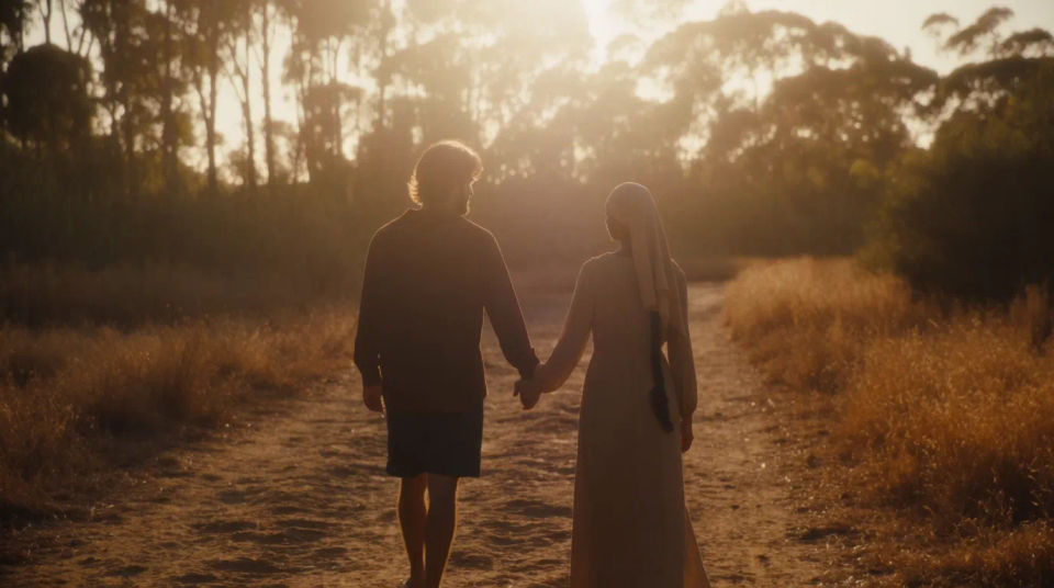 Couple golden hour walk