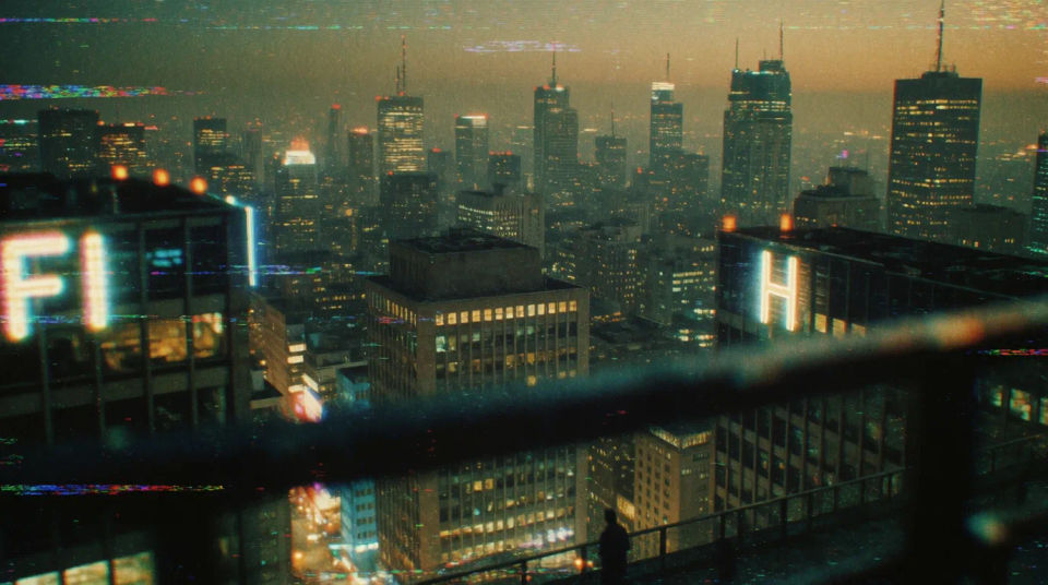 VHS static skyline