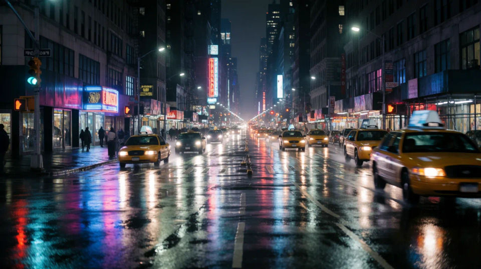 Regnerische Avenue bei Nacht