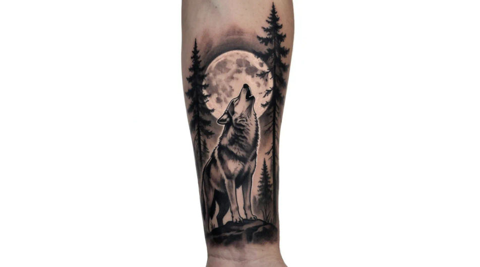 Wolf and moon scene