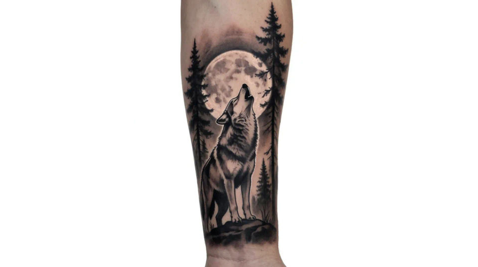 Wolf and moon scene
