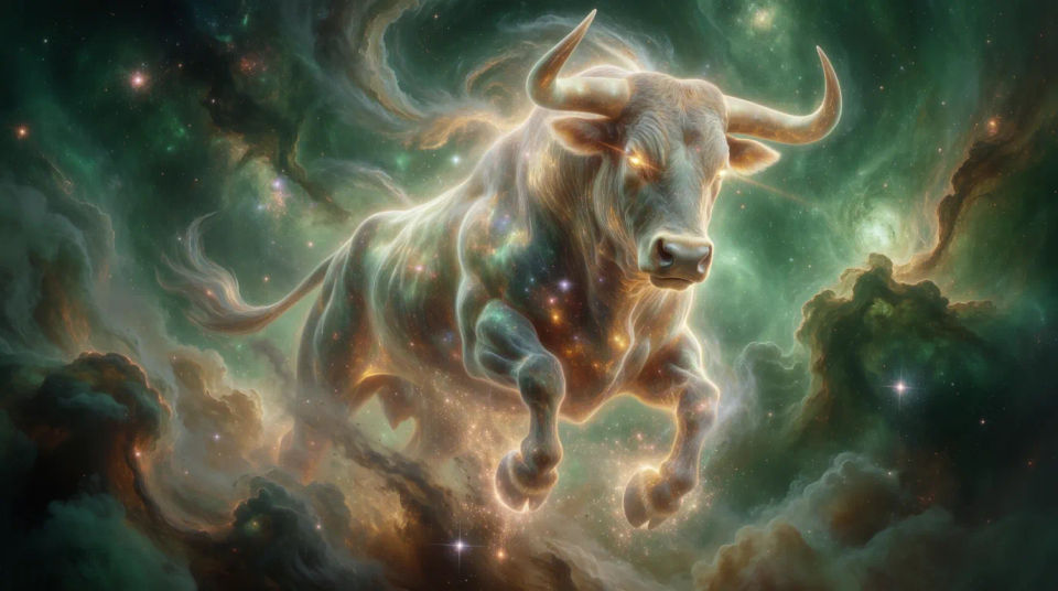 Der angreifende Stier zwischen Nebeln