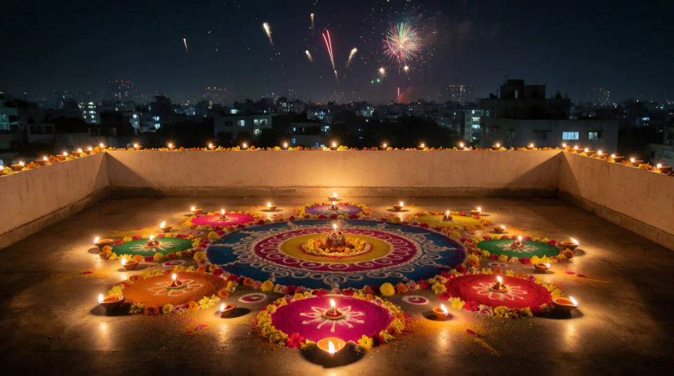 Night terrace with fireworks