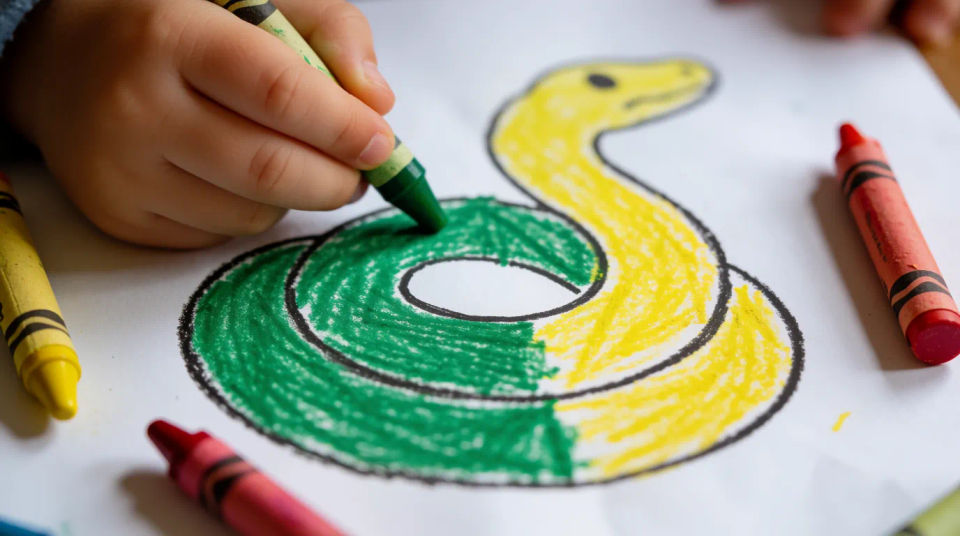 Being colored with crayons