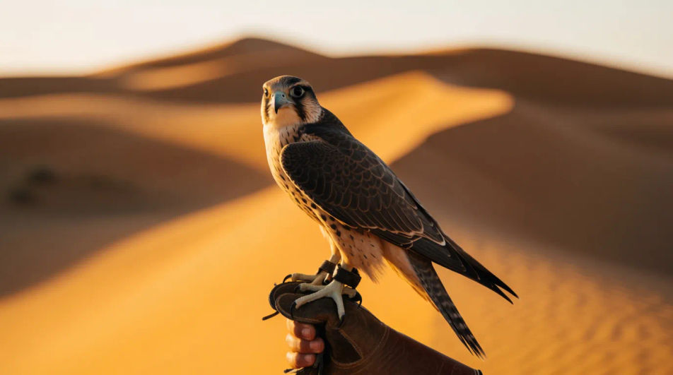 Falcon over dunes