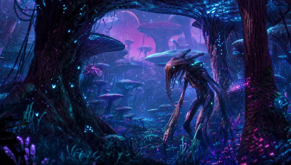 A bioluminescent alien jungle