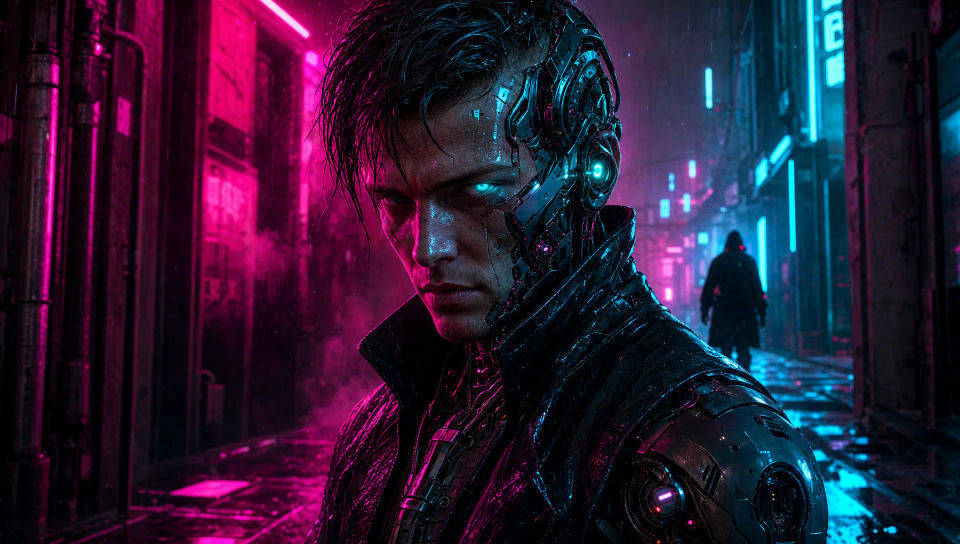 A rain-soaked neon alley
