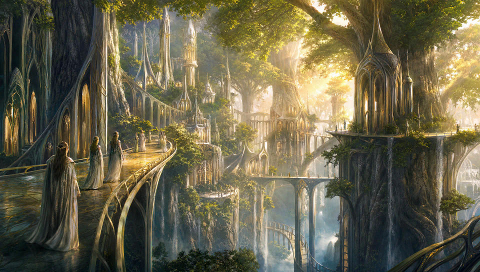 A sunlit elven treetop city