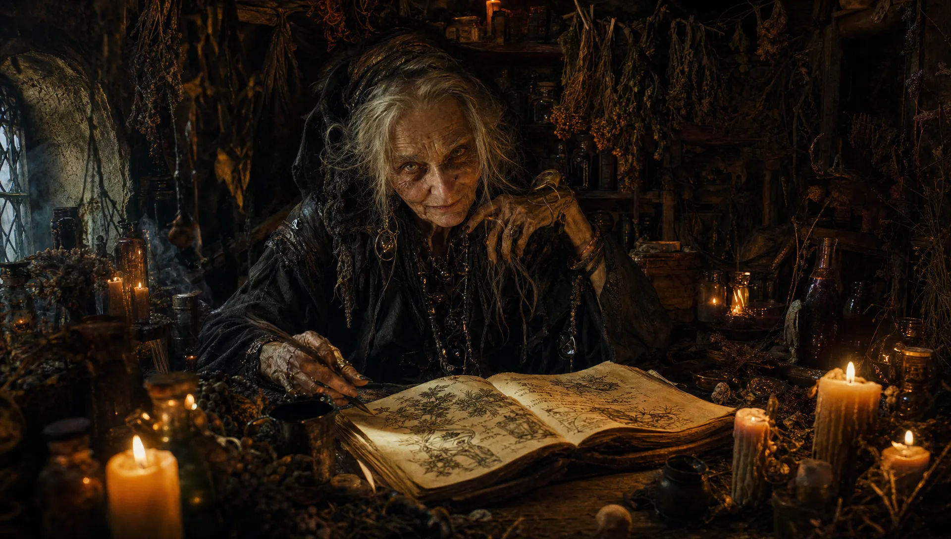 A candlelit witch cottage
