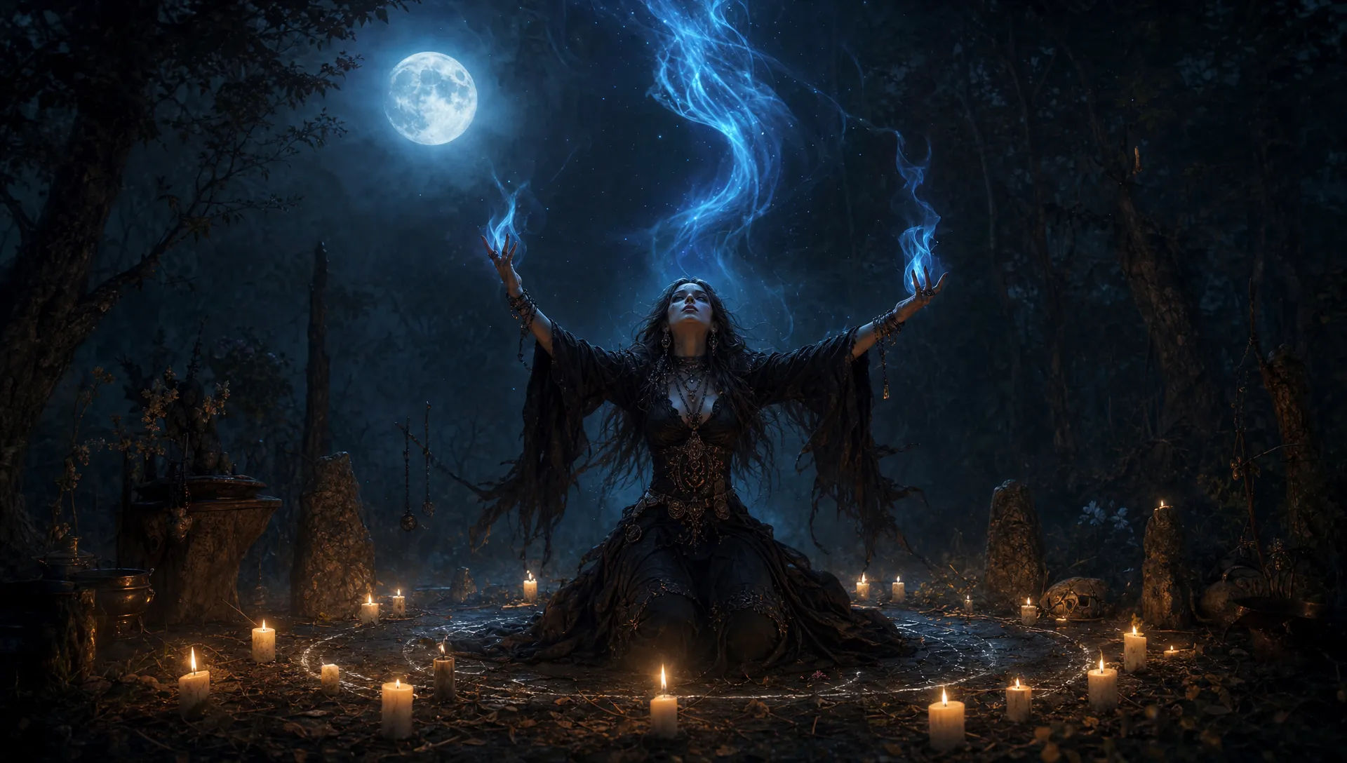 A midnight ritual in a clearing