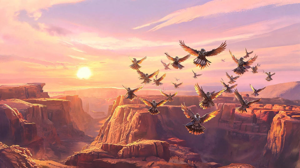 A soaring flock at sunset