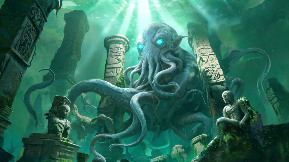 An aboleth coiled around a drowned temple