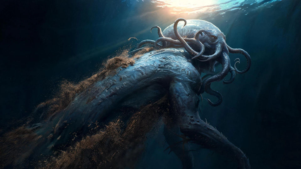An aboleth rising from an abyssal trench