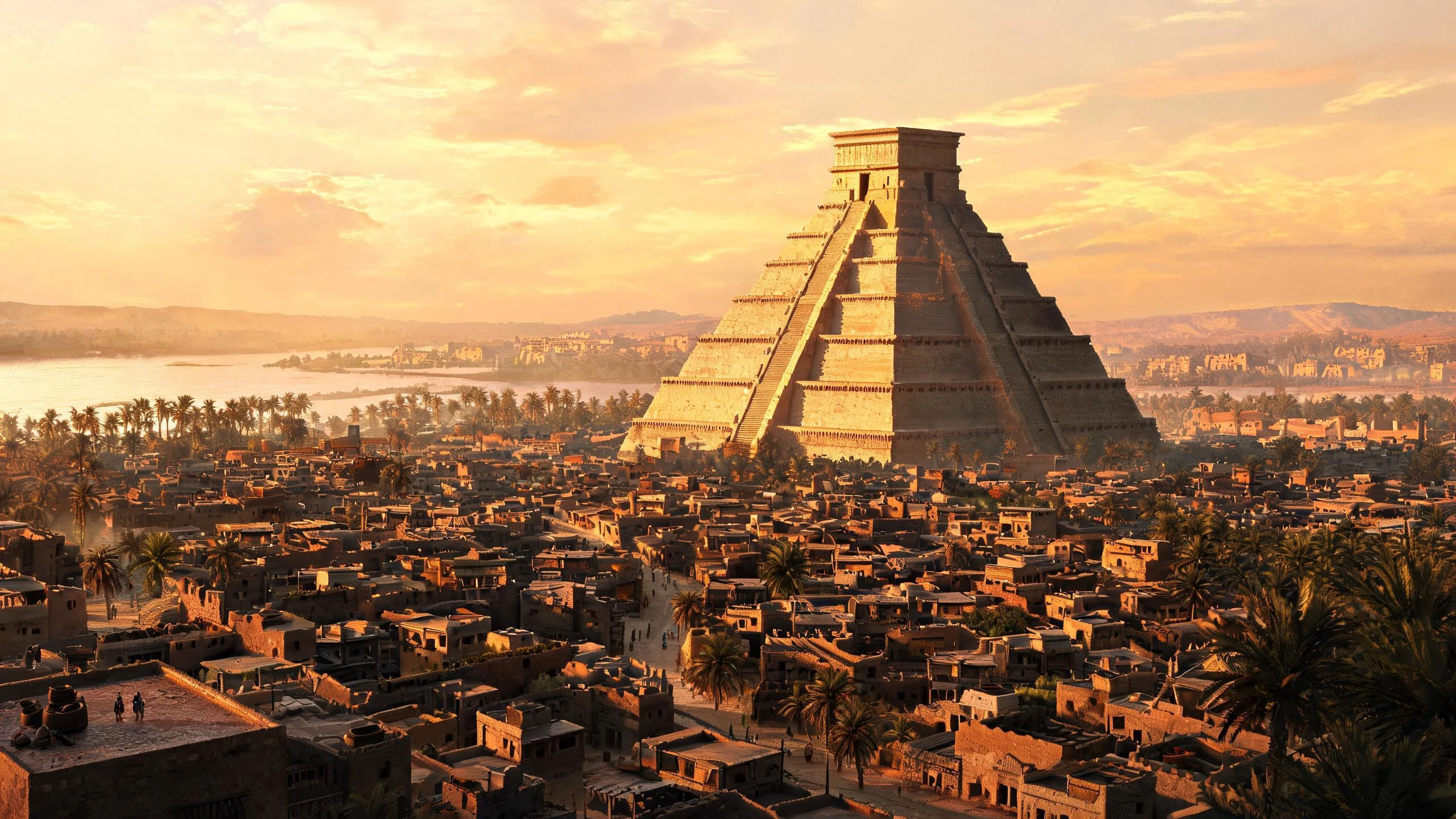 The ziggurat over the city at golden hour