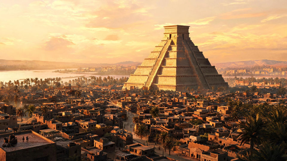The ziggurat over the city at golden hour