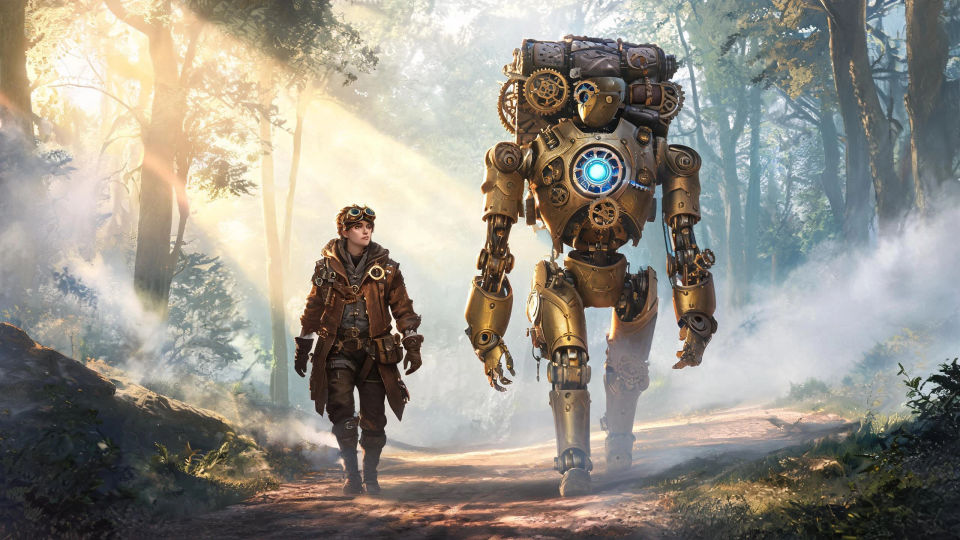 An artificer and construct on the road