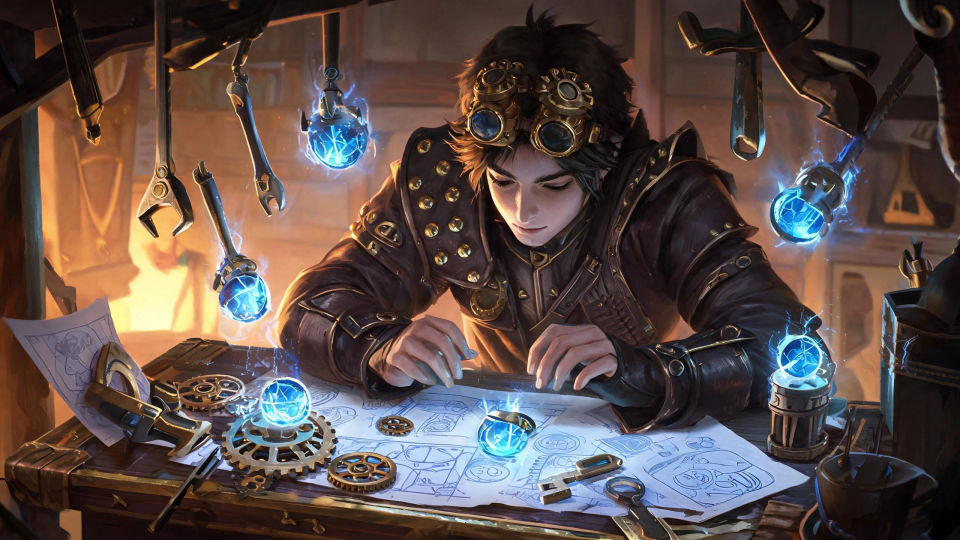 An artificer at a rune-lit workbench