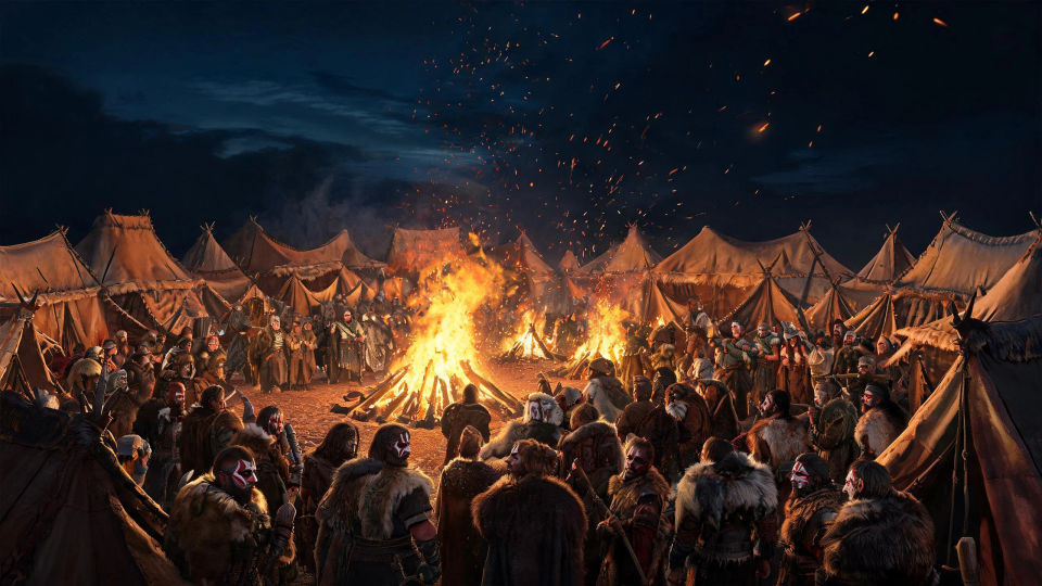 A tribal war camp at night
