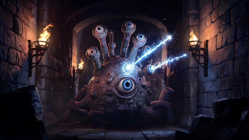 A beholder standoff in a corridor