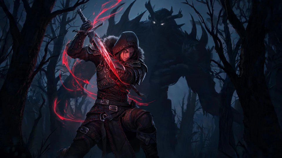 A blood hunter facing a beast in the dark