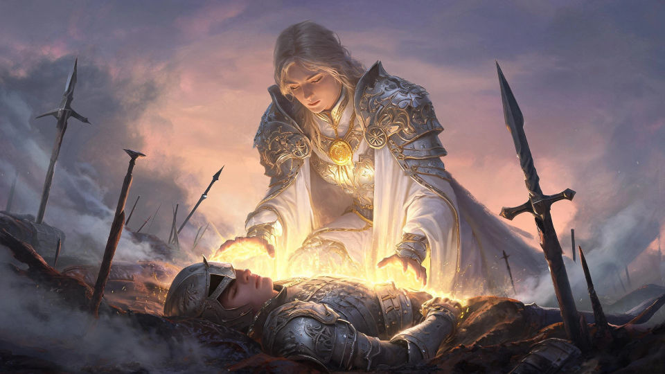 A cleric healing on the battlefield