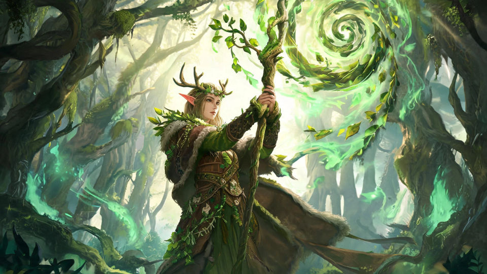 A druid in a glowing sacred grove
