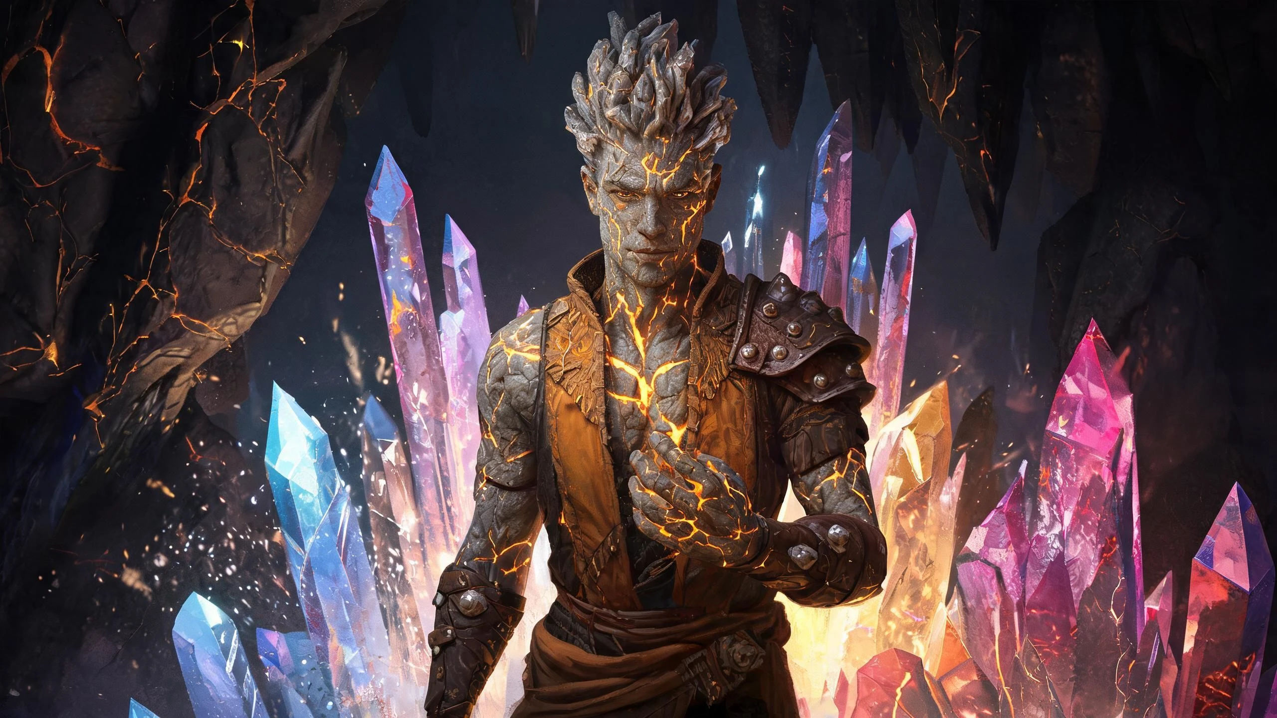 An earth genasi in a crystal cavern