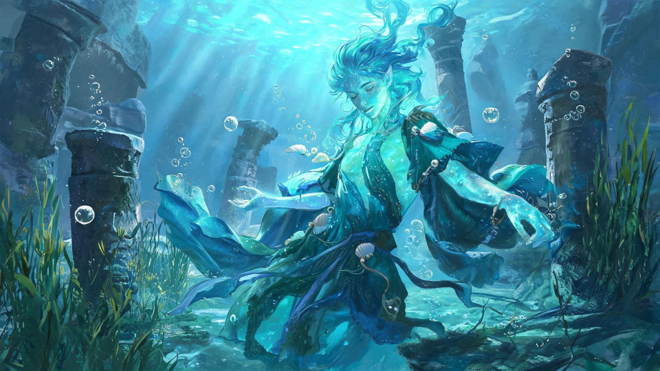 A water genasi in a sunken hall