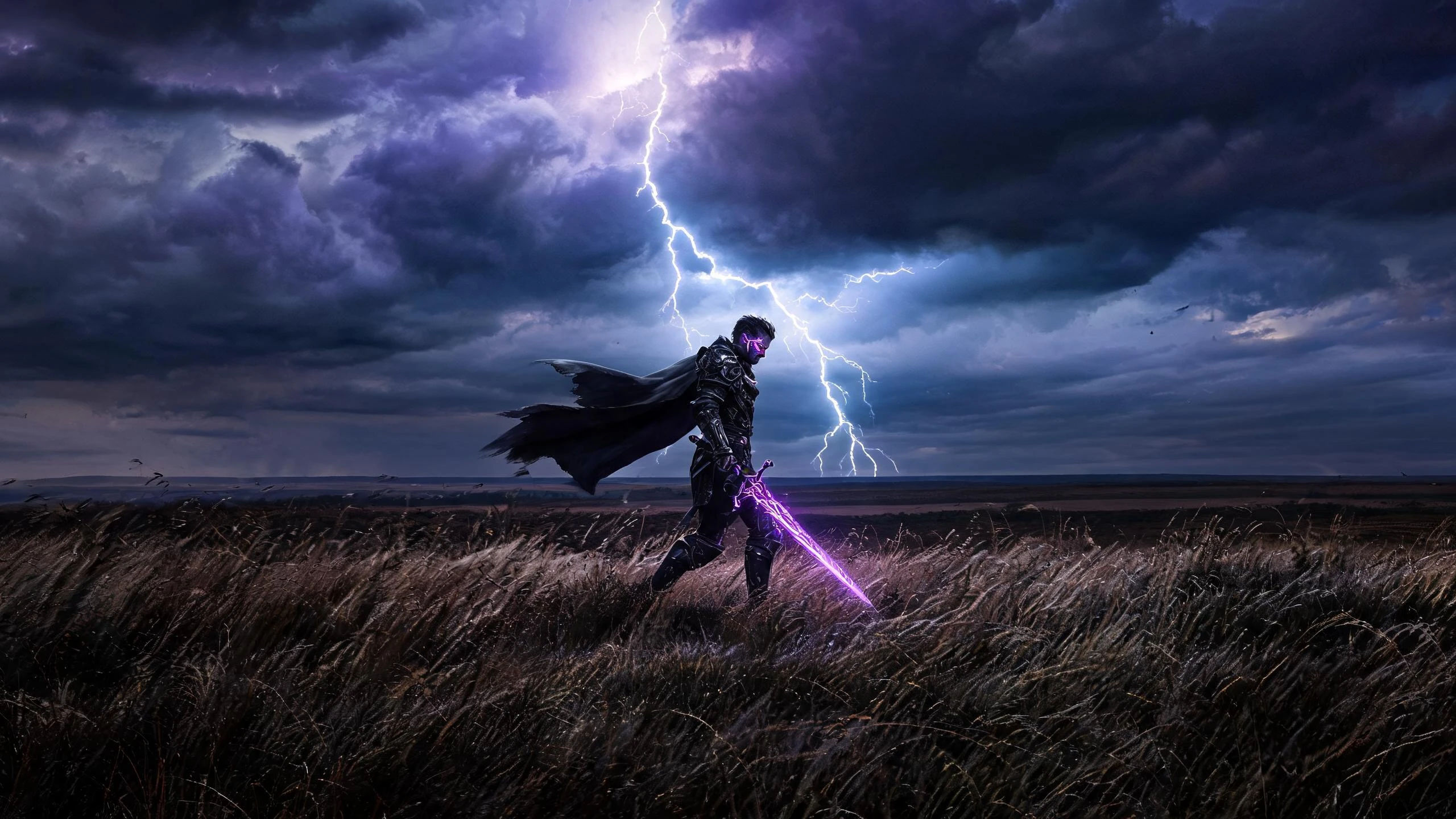 A warlock crossing a storm-lit moor