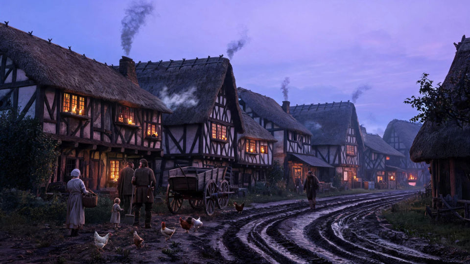 A muddy village lane at dusk