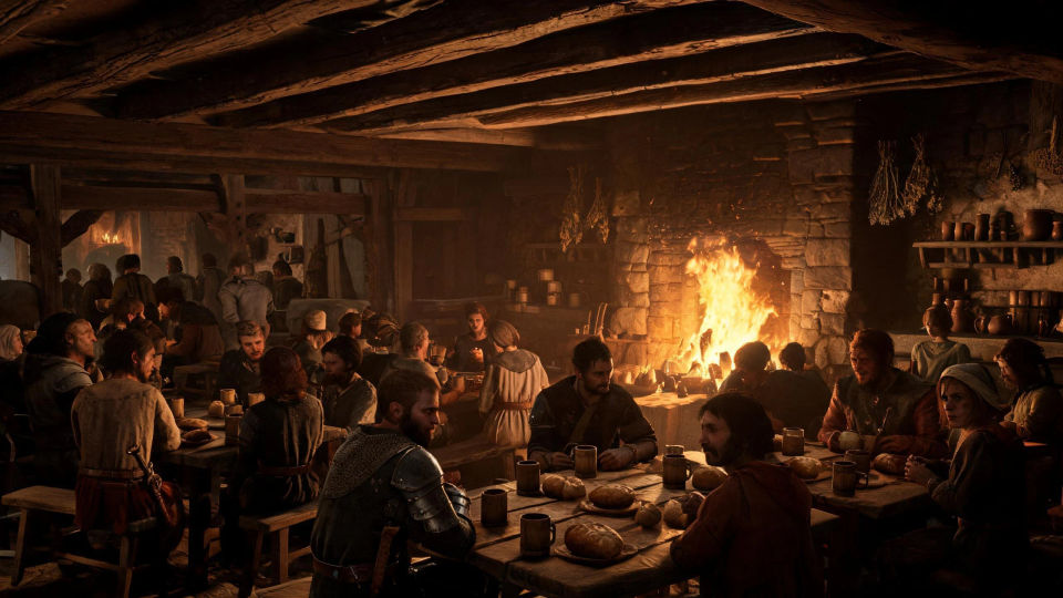 The tavern hearth at night
